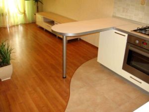 Сочетание ламината и керамической плитки на полу кухни
